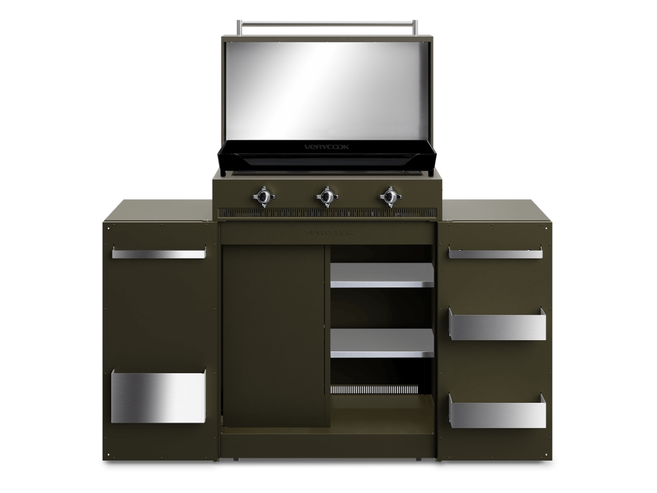 Plancha gaz fonte émaillée 3 feux Excellence + Couvercle + Cuisine d’extérieur