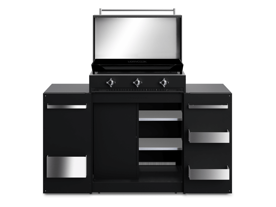 Plancha gaz fonte émaillée 3 feux Excellence + Couvercle + Cuisine d’extérieur
