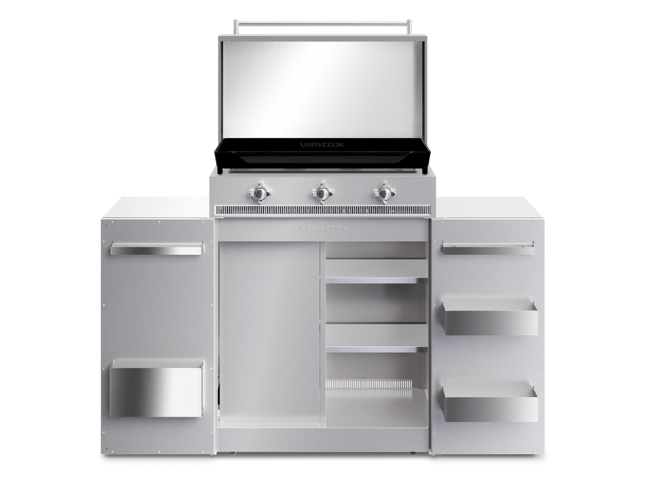 Plancha gaz fonte émaillée 3 feux Excellence + Couvercle + Cuisine d’extérieur