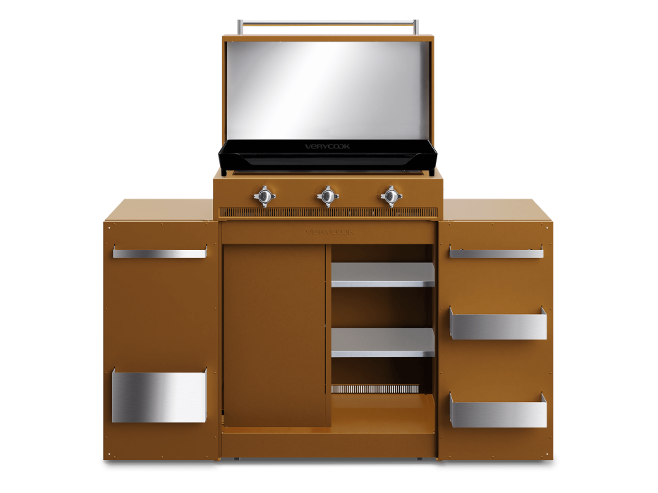Plancha gaz fonte émaillée 3 feux Excellence + Couvercle + Cuisine d’extérieur