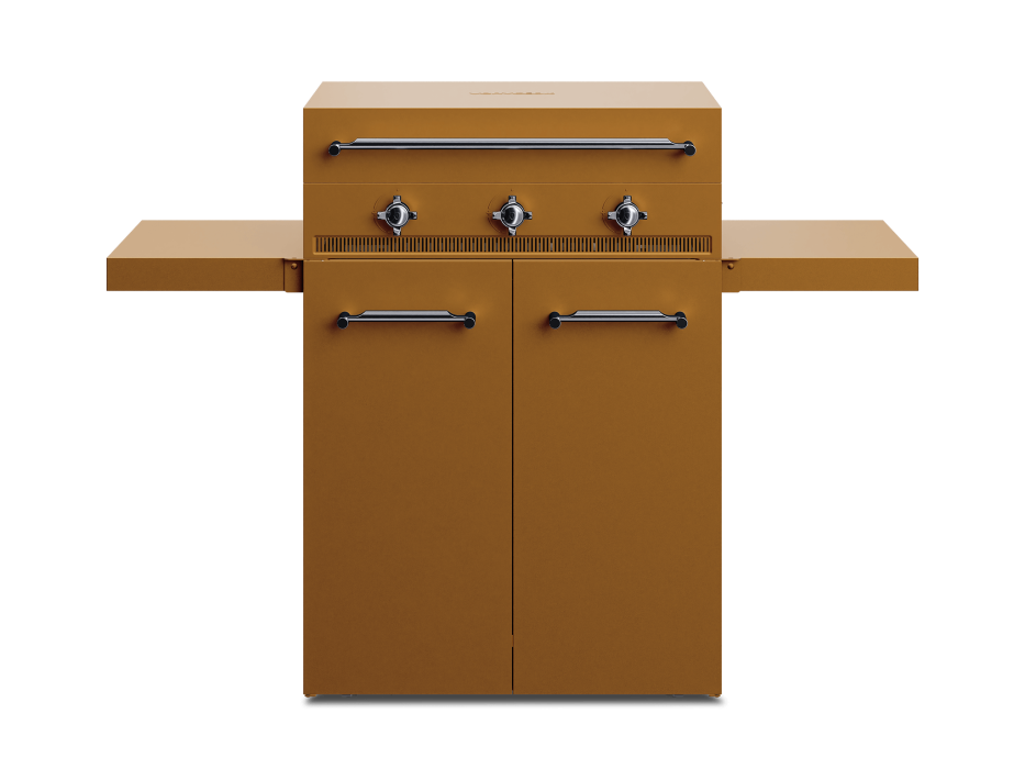Plancha gaz fonte émaillée 3 feux Excellence + Couvercle + Cuisine d’extérieur