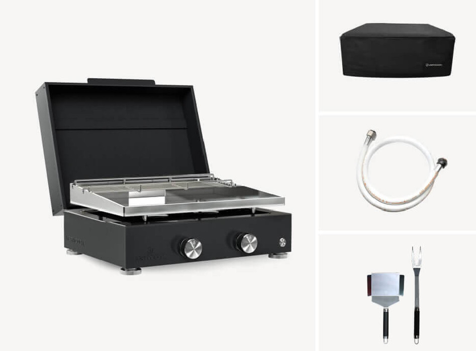 Plancha gaz inox 2 feux Simplicity + Couvercle + Accessoires