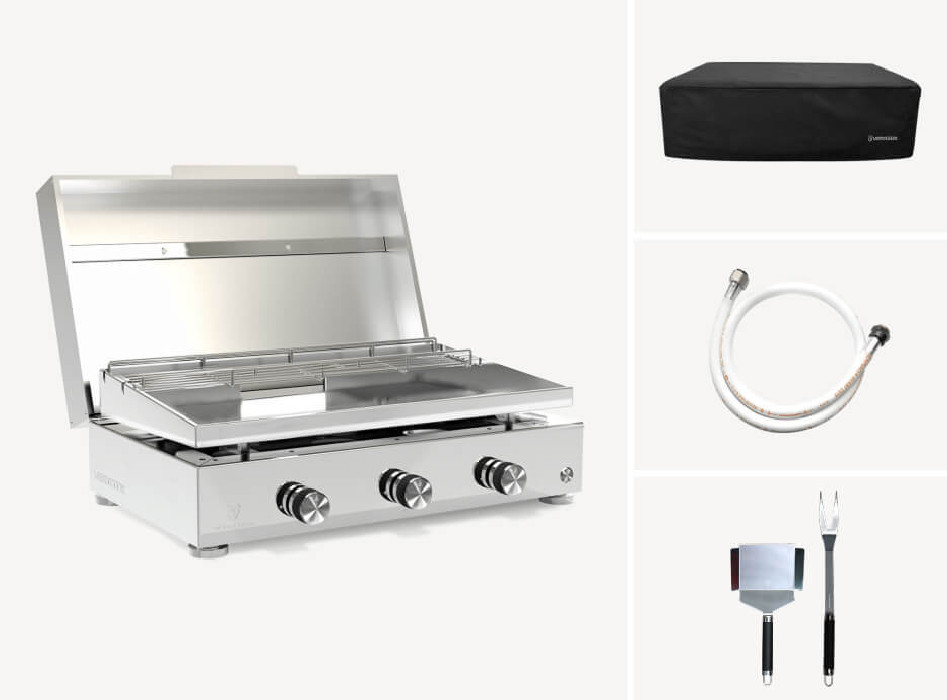 Plancha gaz inox 3 feux Simplicity + Couvercle + Accessoires