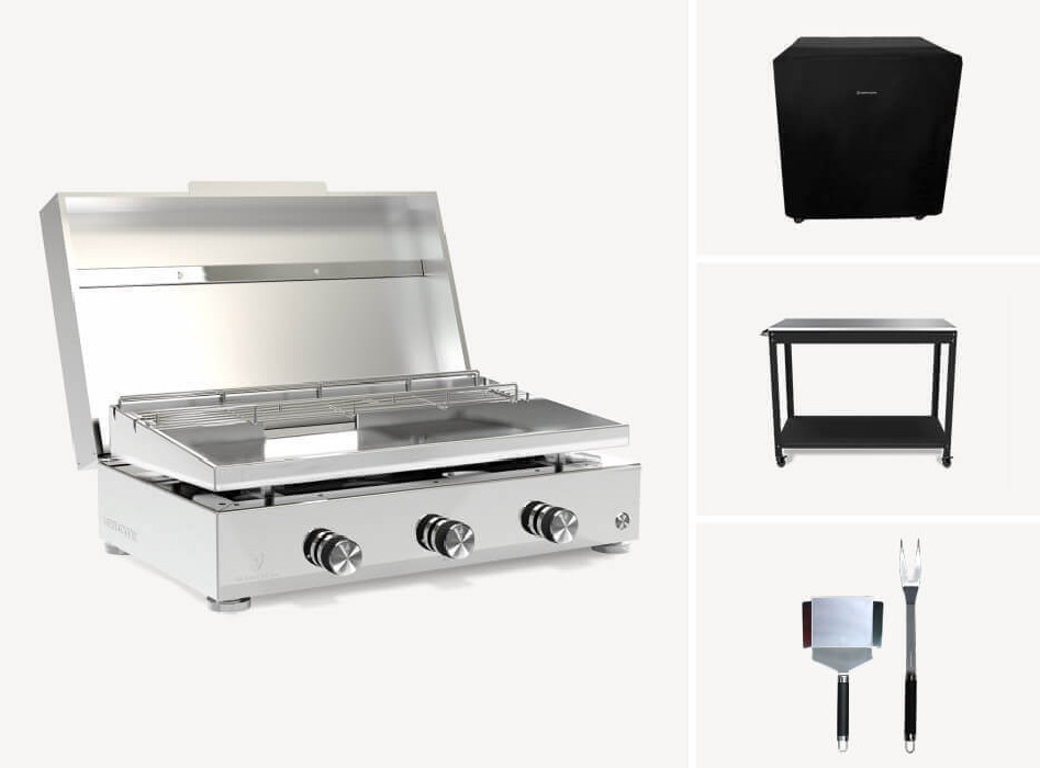 Plancha gaz inox 3 feux Simplicity + Desserte + Couvercle...
