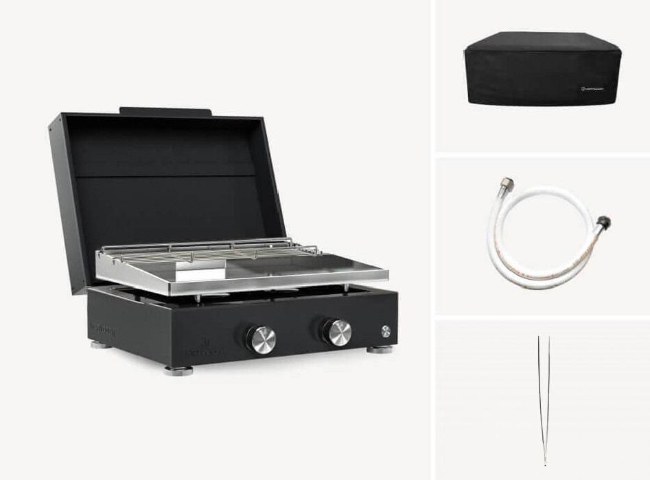 Plancha gaz inox 2 feux Simplicity + Couvercle + Accessoires
